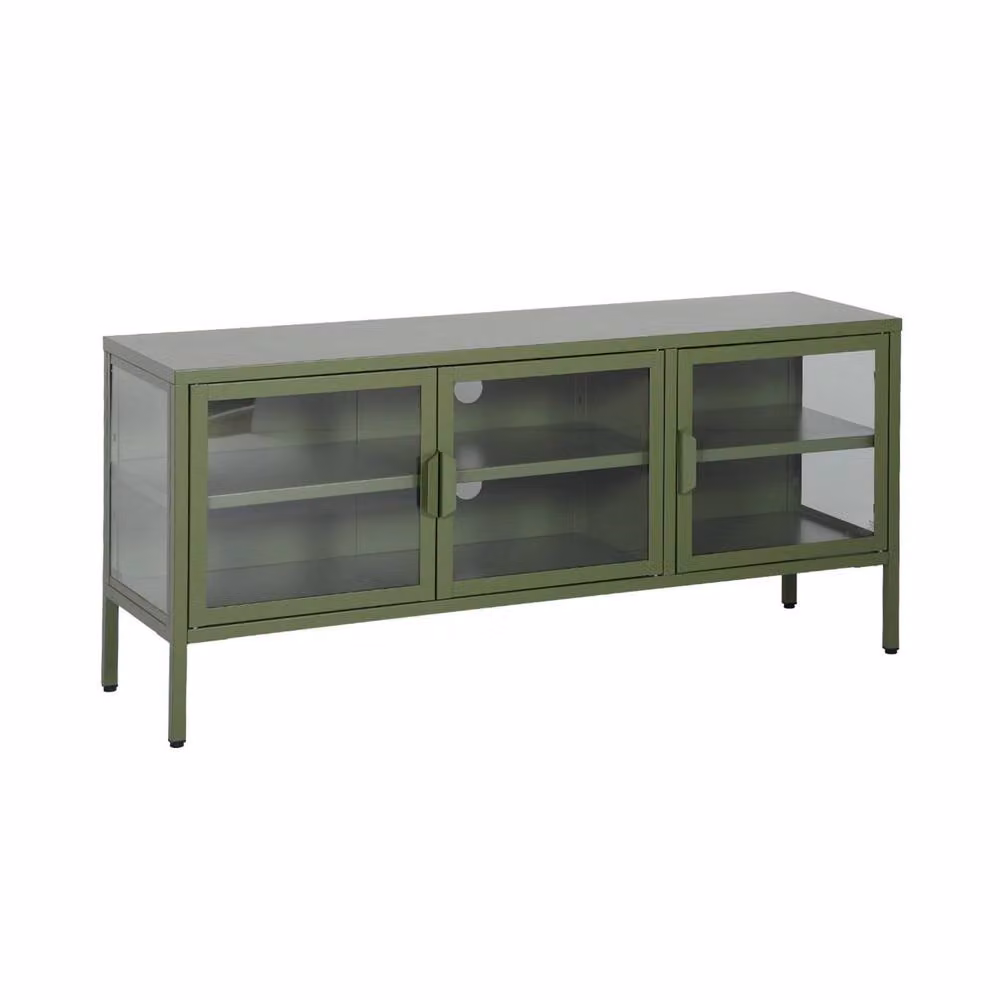 sweeek Industrial Metal and Tempered Glass TV Stand with 3 Doors, Green, W: 120 cm, D: 35 cm, H: 55 cm – 2