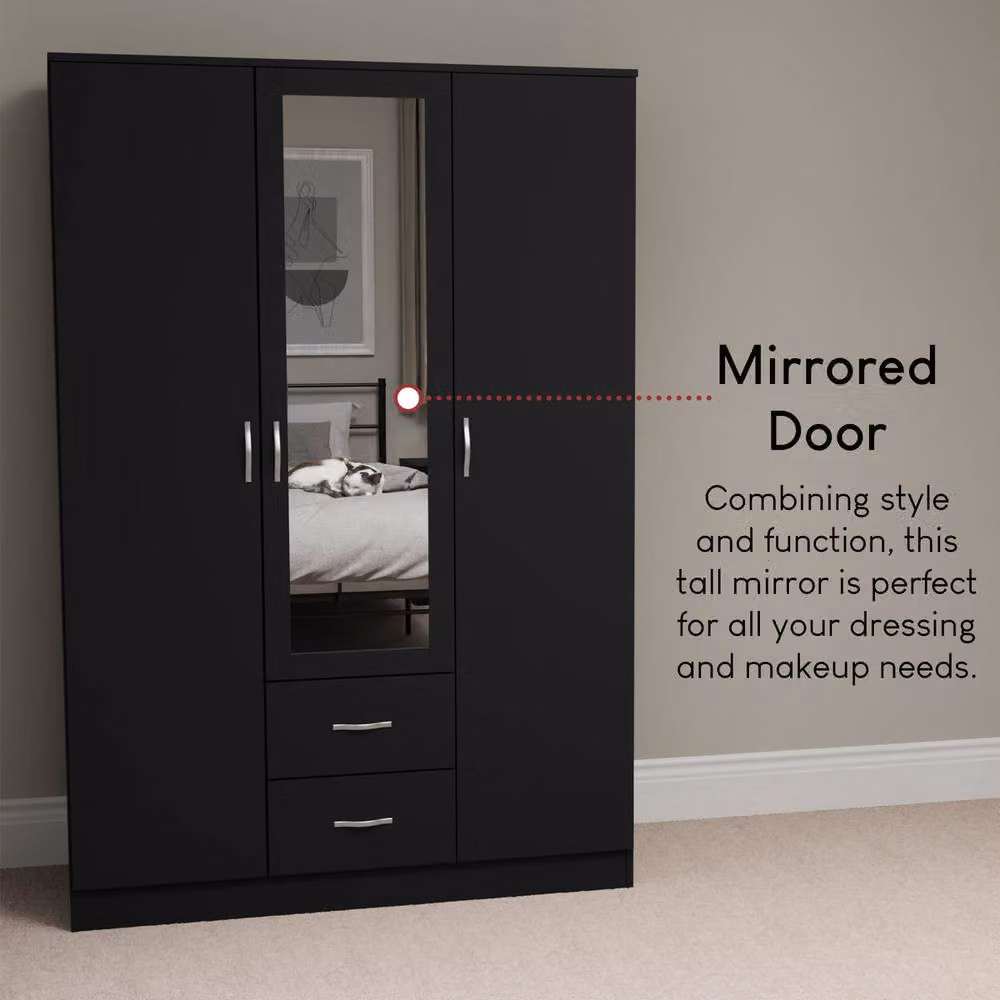 HD Designs Riano Modern Black Mirrored Wardrobe with 3 Doors and 2 Drawers H 170 cm x W 115.4 cm – 5