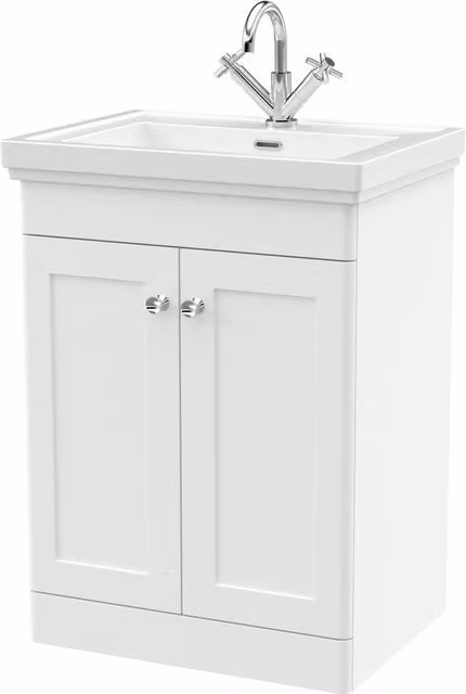 Balterley 2-Door Freestanding Bathroom Floor Vanity Unit with Fireclay Basin, Satin White, W: 60 cm, H: 86.5 cm