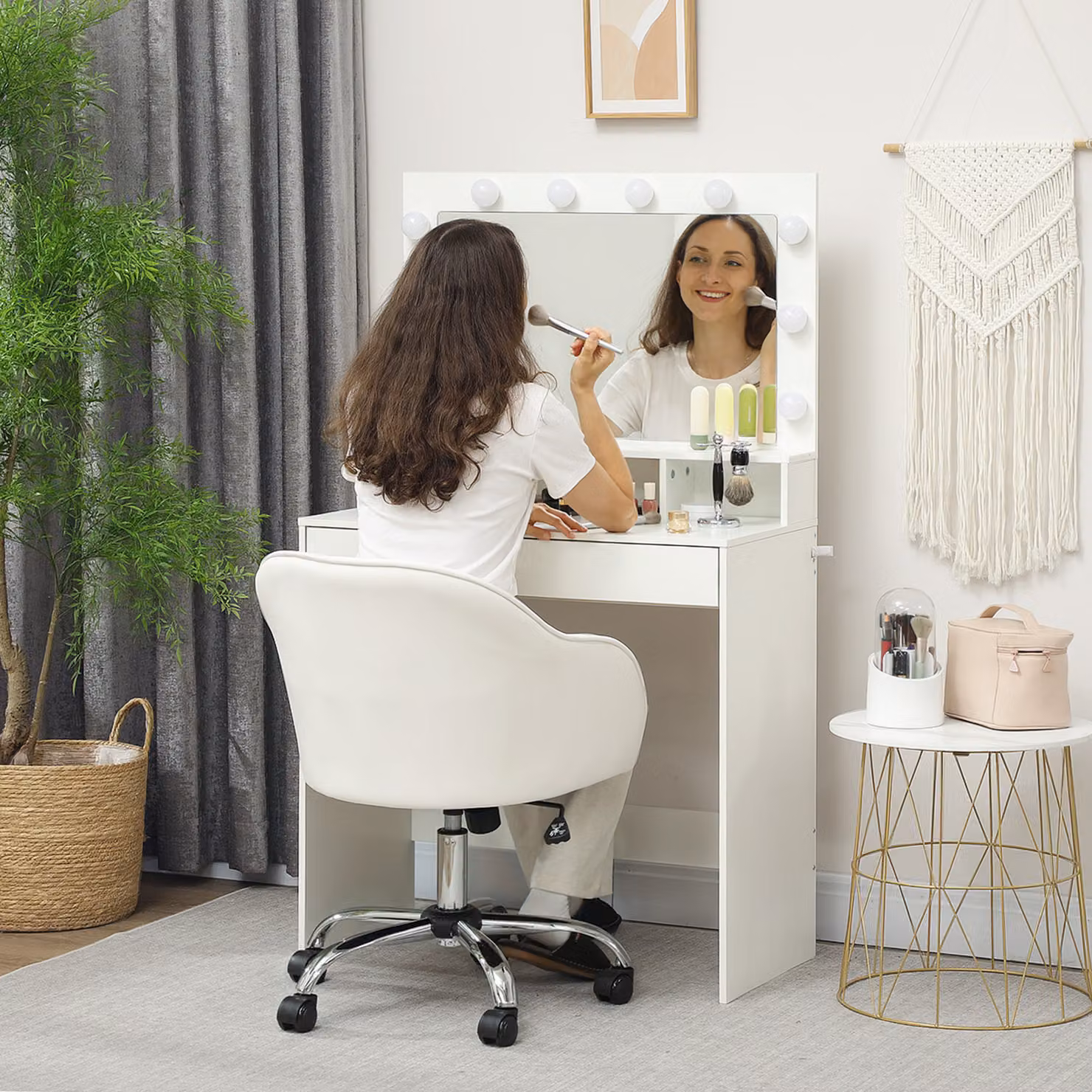 HOMCOM Modern Velvet Upholstered Swivel Task Chair in White, W/D/H: 46 x 46 x 120 cm – 3