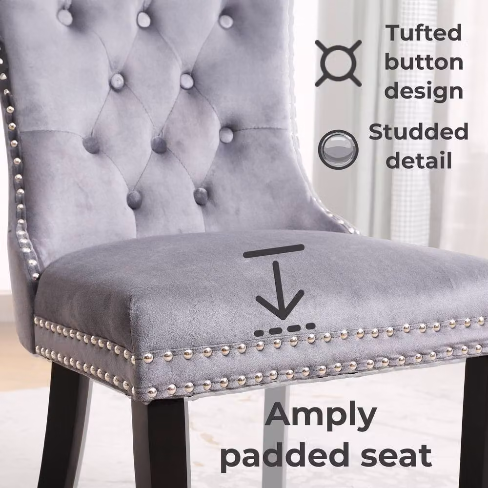 Neo Set of Four Studded Velvet Dining Chairs with Ring Knocker Detail in Light Grey – 3