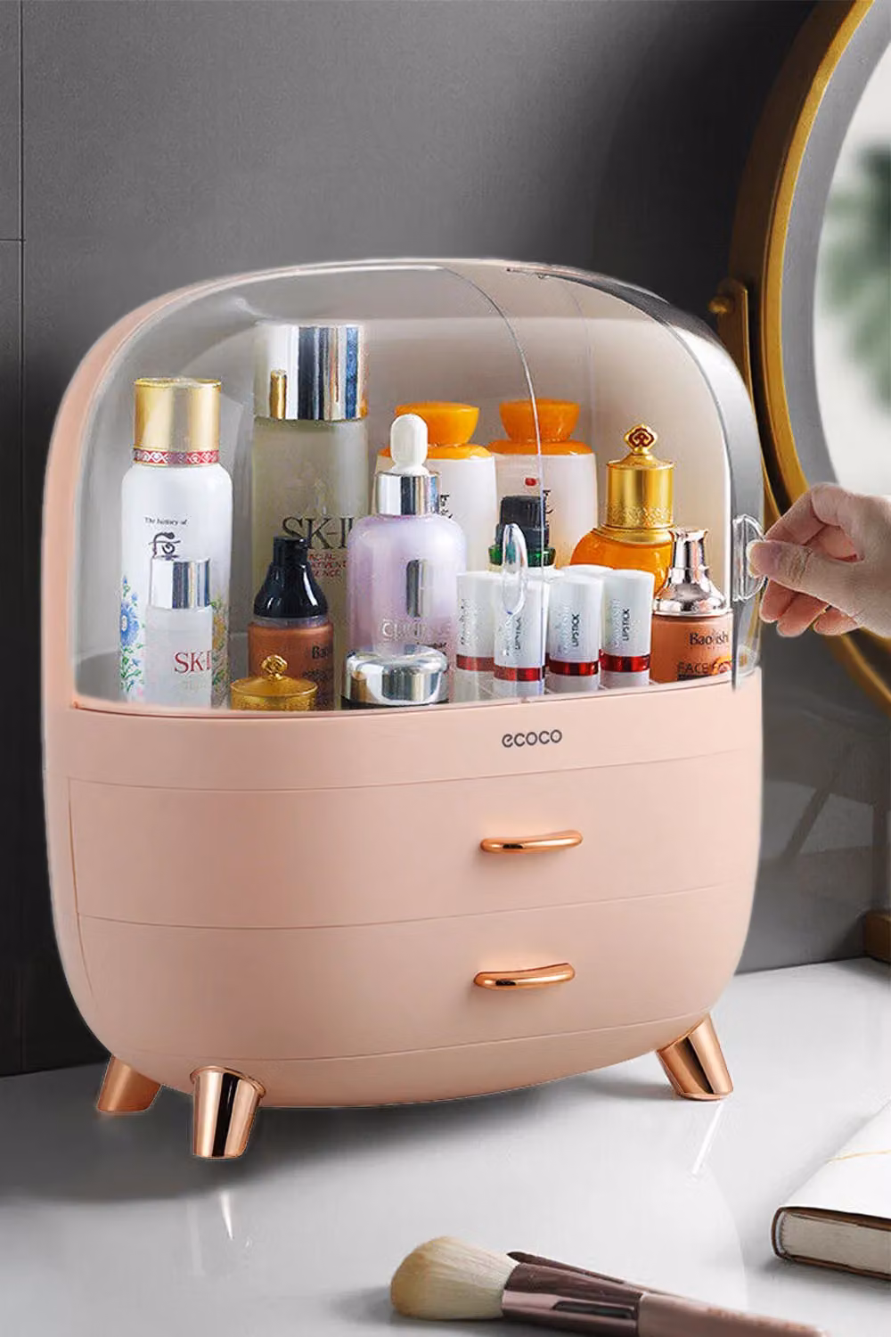 Ecoco Pink and Transparent Makeup Cosmetic Organizer Storage Box with 2 Drawers and Lid – 2