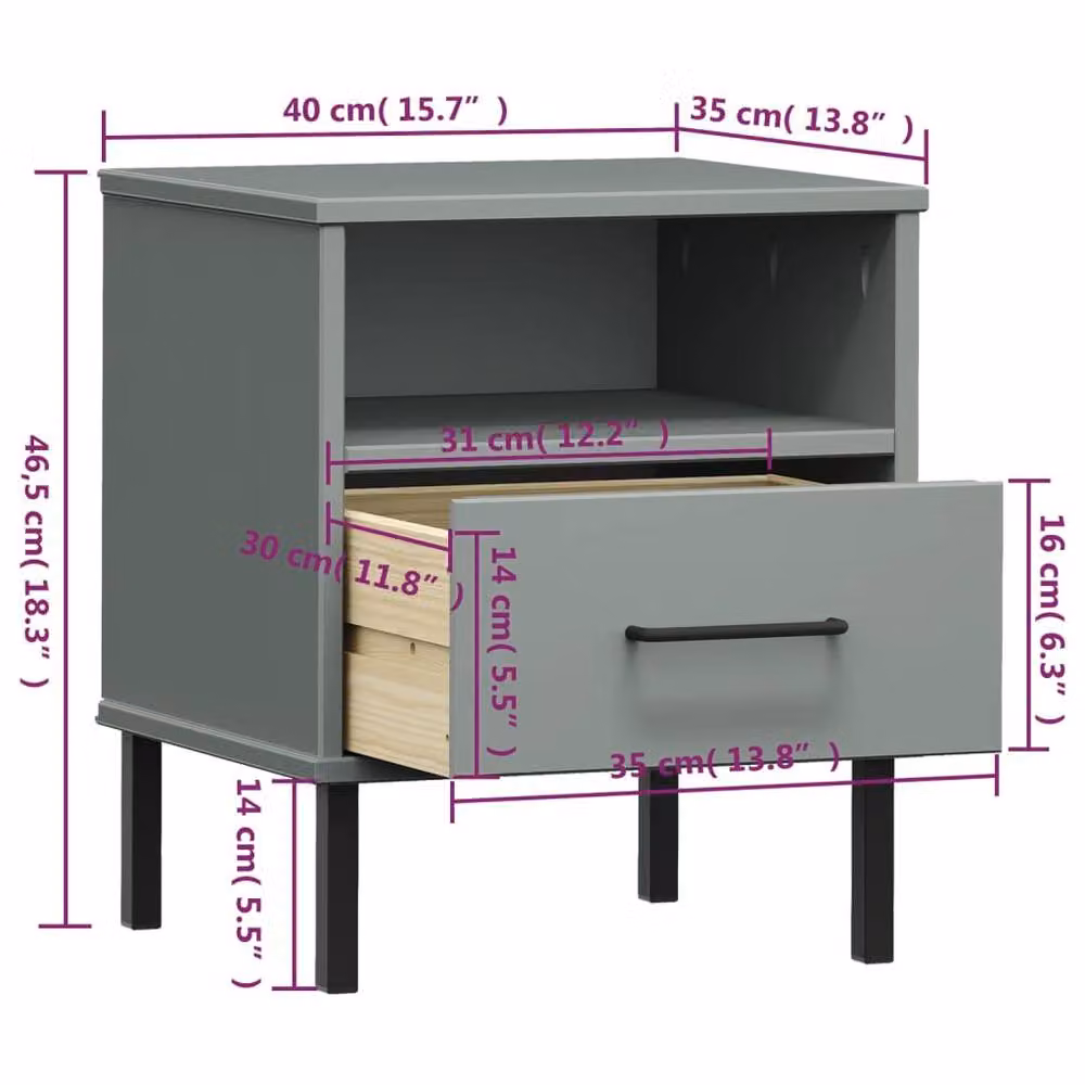 Berkfield Home Oslo Bedside Cabinet in Grey Solid Pine Wood with Metal Legs – 4