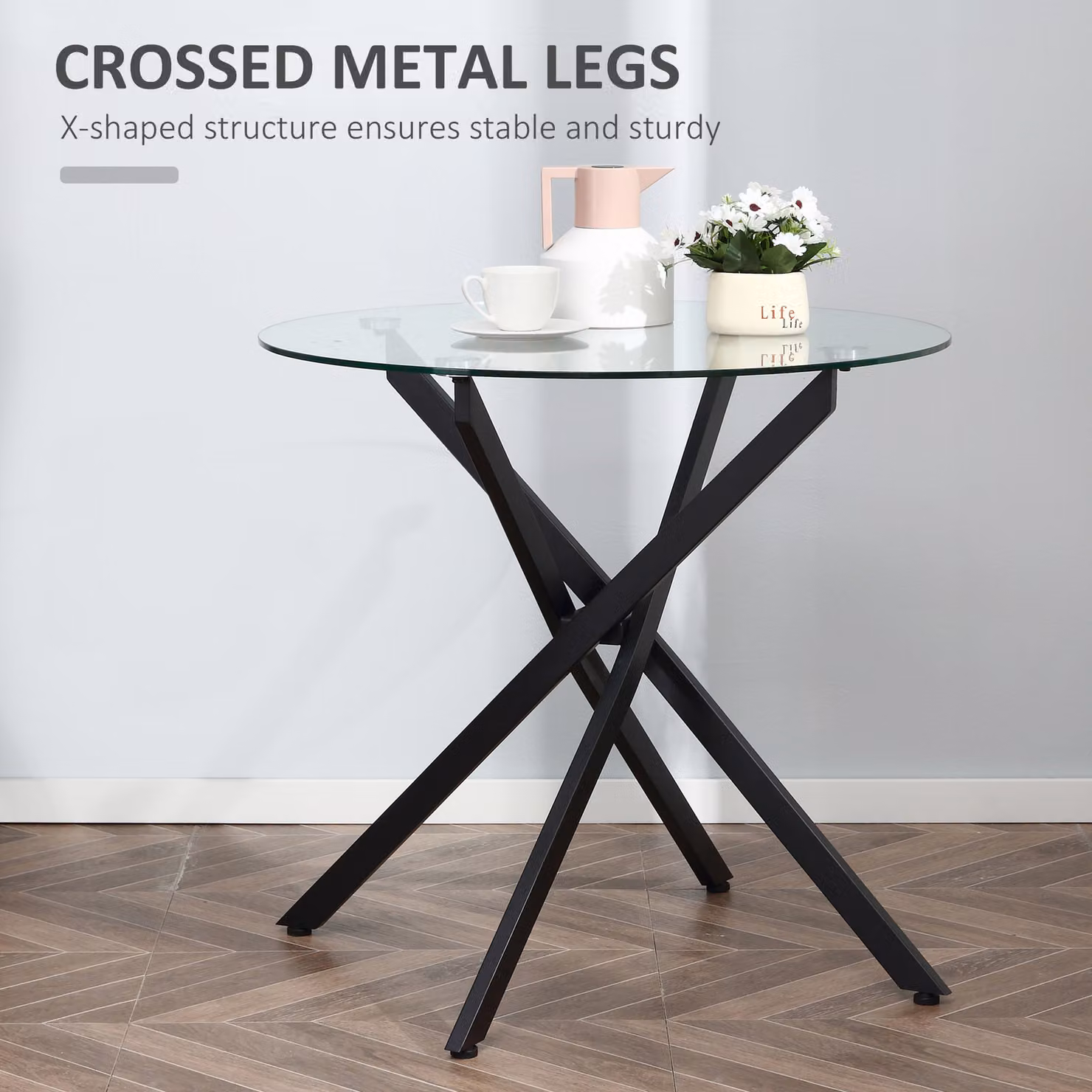 HOMCOM Modern Round Side Table with Black Metal Legs and Transparent Tempered Glass Top – 3