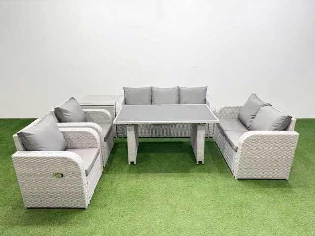 Fimous 7 Seater Garden Furniture Set with Side Table in Light Grey Rattan and Metal