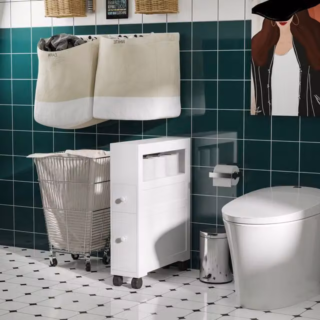 HOMCOM Narrow White Bathroom Storage Unit with 2 Drawers and Open Top on 4 Wheels, H 72 cm x W 16 cm x D 16 cm – 1