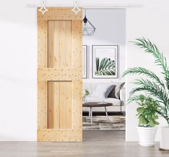 Berkfield Home Rustic Solid Wood Pine Sliding Door with Hardware Set in Brown, W: 70 cm, H: 210 cm