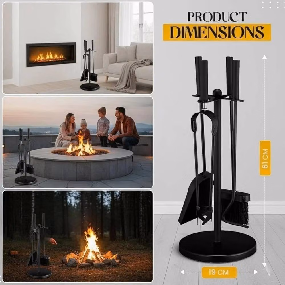 VOGREX 5-Piece Black Cast Iron Fireplace Tool Set with Stand – 4
