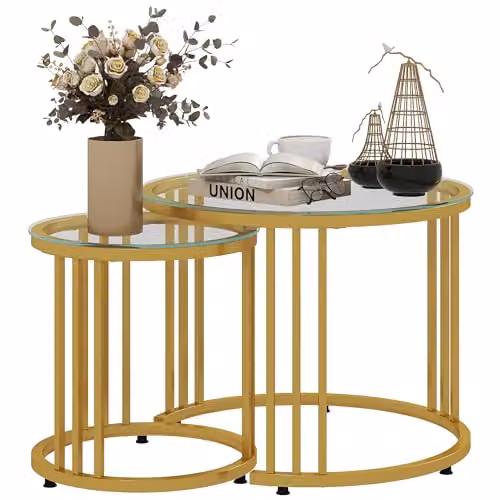 HOMCOM Set of 2 Round Nest of Tables with Tempered Glass Tops and Metal Frame in Gold