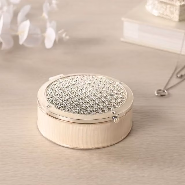 Sophia Round Crystal Trinket Box in White, Silver and Beige