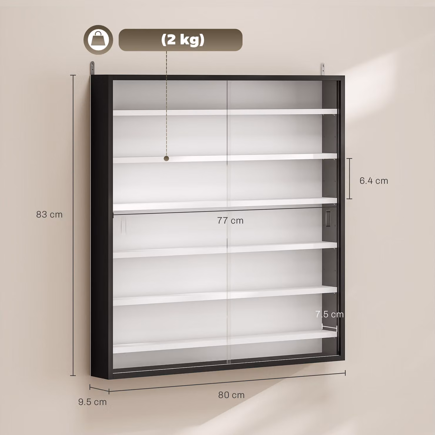 HOMCOM 7-Tier Wall Mounted Display Cabinet with Glass Doors and 6 Adjustable Shelves in Black and White – 3