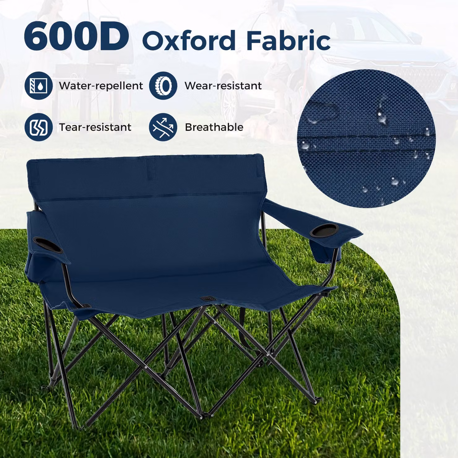 Gymax Oversized Double Camping Chair for 2 Adults in Blue with Metal Frame and Cup Holders – 5