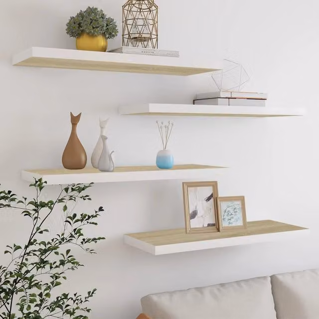 Berkfield Home Floating Wall Shelves, 4 Piece Set in Oak and White, W/D/H: 80 x 23.5 x 3.8 cm