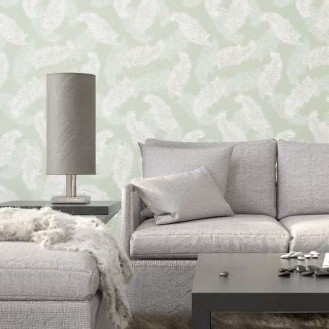Hoopla Walls Feathers Wallpaper in Sage Green