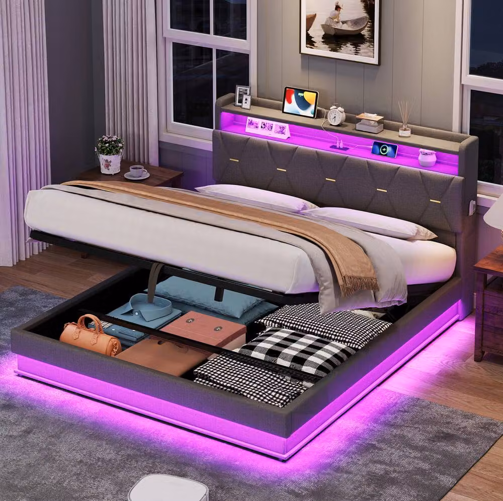 STILVORA Modern Grey Fabric Double Bed Frame with Lift-Up Storage, LED Lighting and USB Ports, 140 x 200 cm – 3