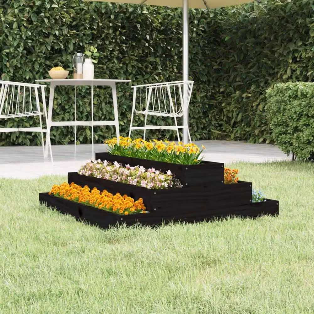 Berkfield Home Black Solid Wood Pine Planter W: 80 cm, D: 80 cm, H: 27 cm – 2