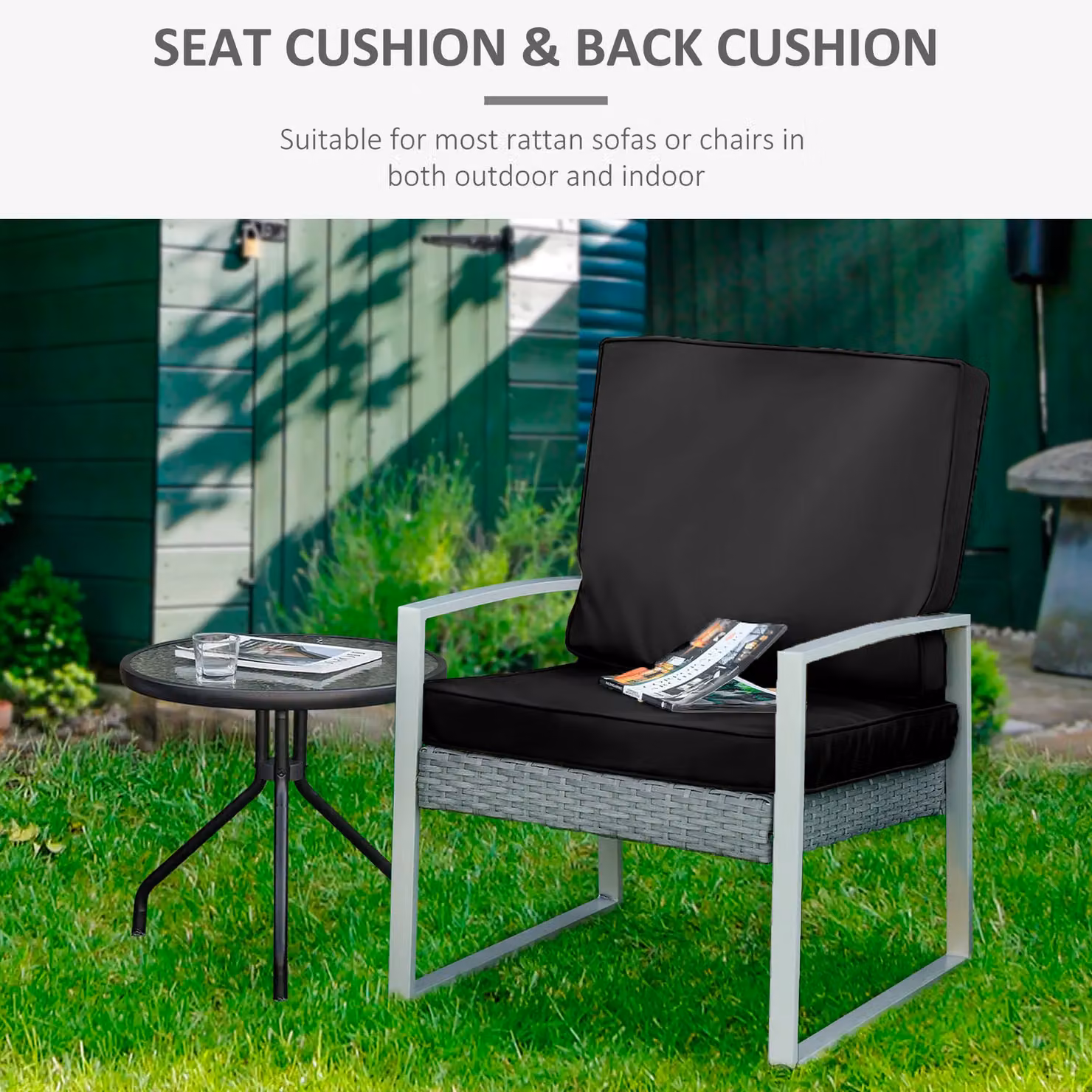 Outsunny 2 Piece Rattan Sofa Chair Cushion Set in Black with Removable Washable Polyester Covers – 4