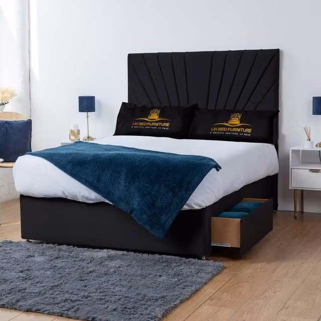 UK Bed Furniture Sunrise Divan Bed with 2 Drawers on Same Side and 26 Inch Headboard in Black, Small Double, W/D/H: 120 x 200 x 66.04 cm