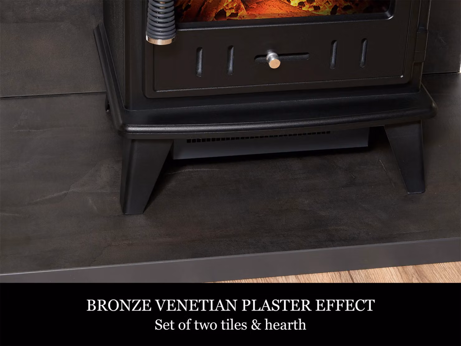 Acantha Fires & Fireplaces Tile and Hearth Set in Bronze Venetian Plaster Effect with Aviemore Stove and Black Angled Pipe – 3