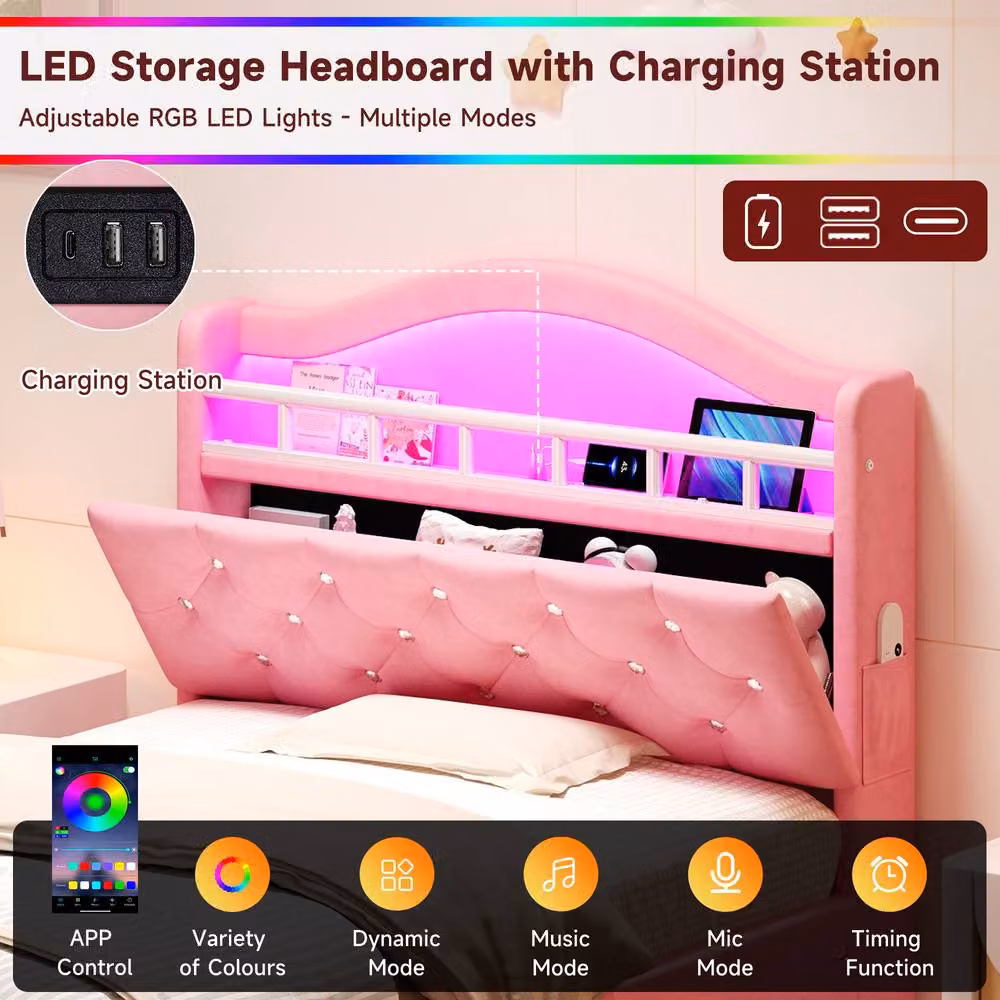 Rolipo Pink Velvet Double Bed Frame with LED Lighting, USB Charging Ports and Side Storage Compartments – 4