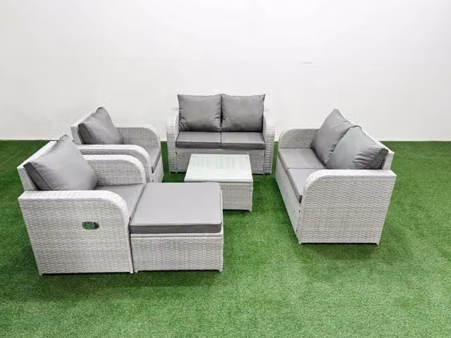 Fimous 7 Seater Rattan Garden Furniture Set in Light Grey with Reclining Chairs, 2 Seater Sofa, Coffee Table and Ottoman
