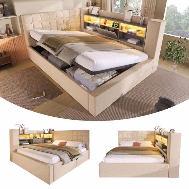 Matteo Upholstered Double Daybed in Beige with Hydraulic Storage and USB Charging Port, W/D/H: 140 x 200 cm – 1