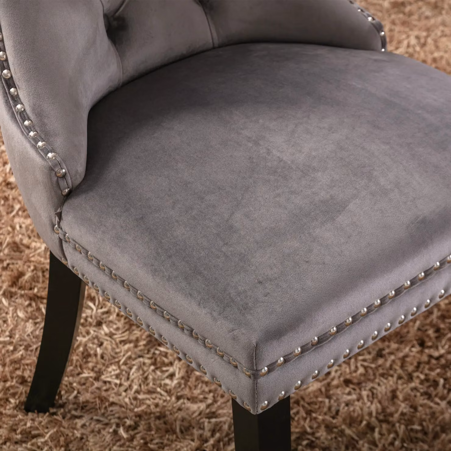 HomeTouch Taylor Set of 6 Grey Velvet Upholstered Kitchen Dining Chairs with Pull Knocker Back and Oak Wood Legs – 4