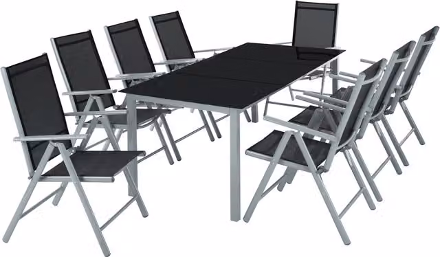 TECTAKE 8 Seater Modern Garden Furniture Set with Rectangular Glass Top and Powder Coated Aluminium Chairs in Grey