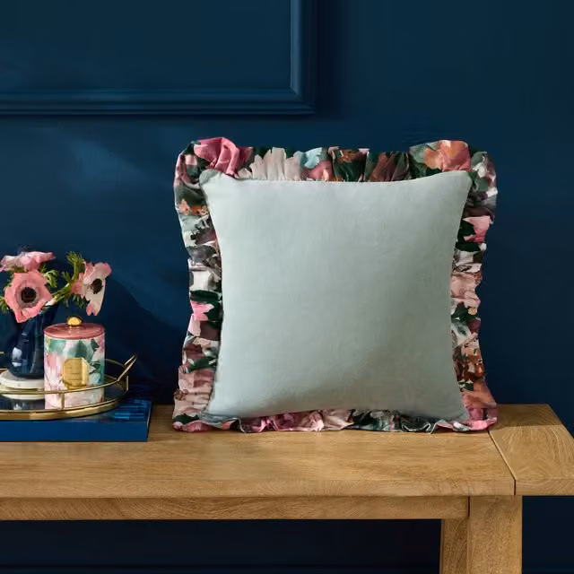 Clarke & Clarke Tahiti Floral Square Feather Filled Cushion, Blue, W x D: 43 x 43 cm
