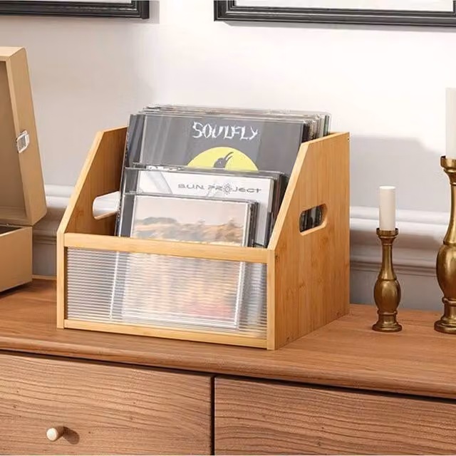 Kelvenix Bamboo and Acrylic CD DVD Storage Box Organizer, Brown, W/D/H: 28.0 x 30.0 x 30.0 cm – 1