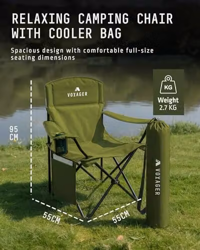 Voyager 2-Pack of Folding Camping Chairs in Green with Cup Holders and Storage Pocket – 2