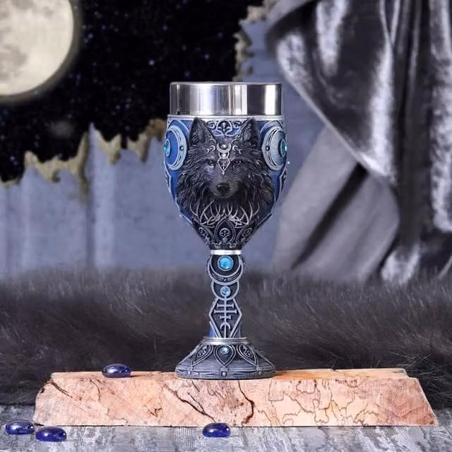 Nemesis Now Wolf Moon Goblet in Black and Blue Resin, Height: 19.5 cm