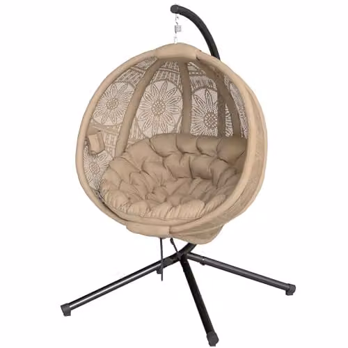 Outsunny Egg Hanging Swing Chair with Metal Stand and Cushions in Sand and Brown – 1