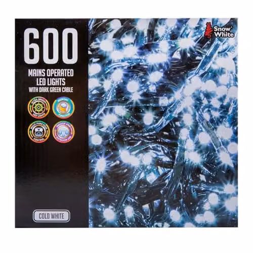 VFM e-Store 600 LED Cool White Christmas Fairy String Lights, 18m, Mains Operated – 8