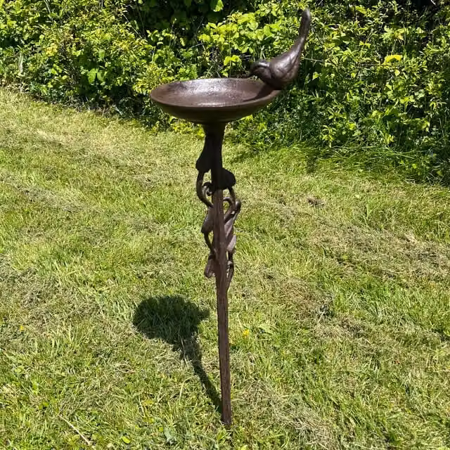 Ornate Round Cast Iron Bird Bath Ground Stake in Bronze