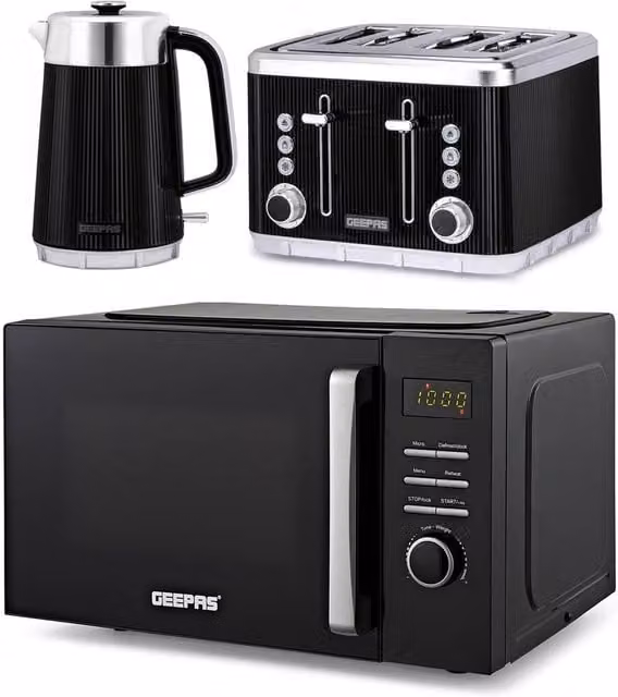 Geepas Arcus Black Kettle 1.7 l, Toaster Set and 23 l Digital Microwave Set
