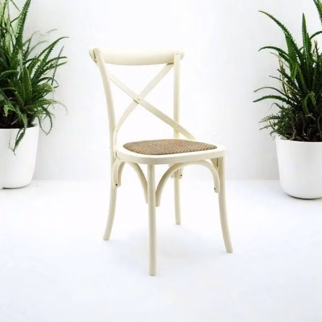 EONLION Cream Cross Back Dining Chair with Rattan and Fabric Details