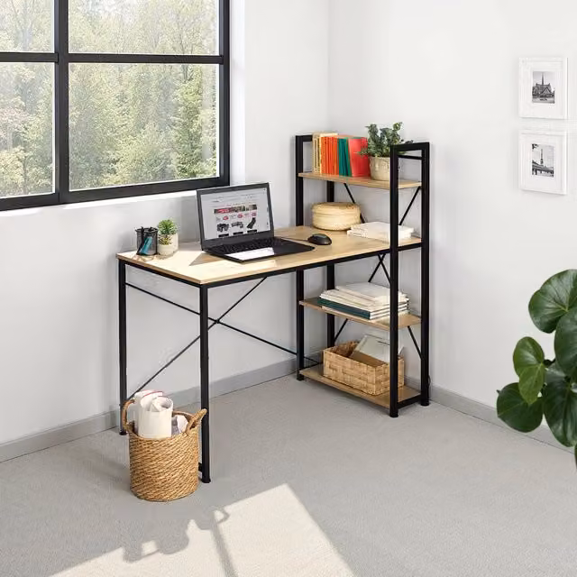 Tectake Hershey W Industrial Computer Desk with Integrated Side Shelf in Oak Sonoma and Black