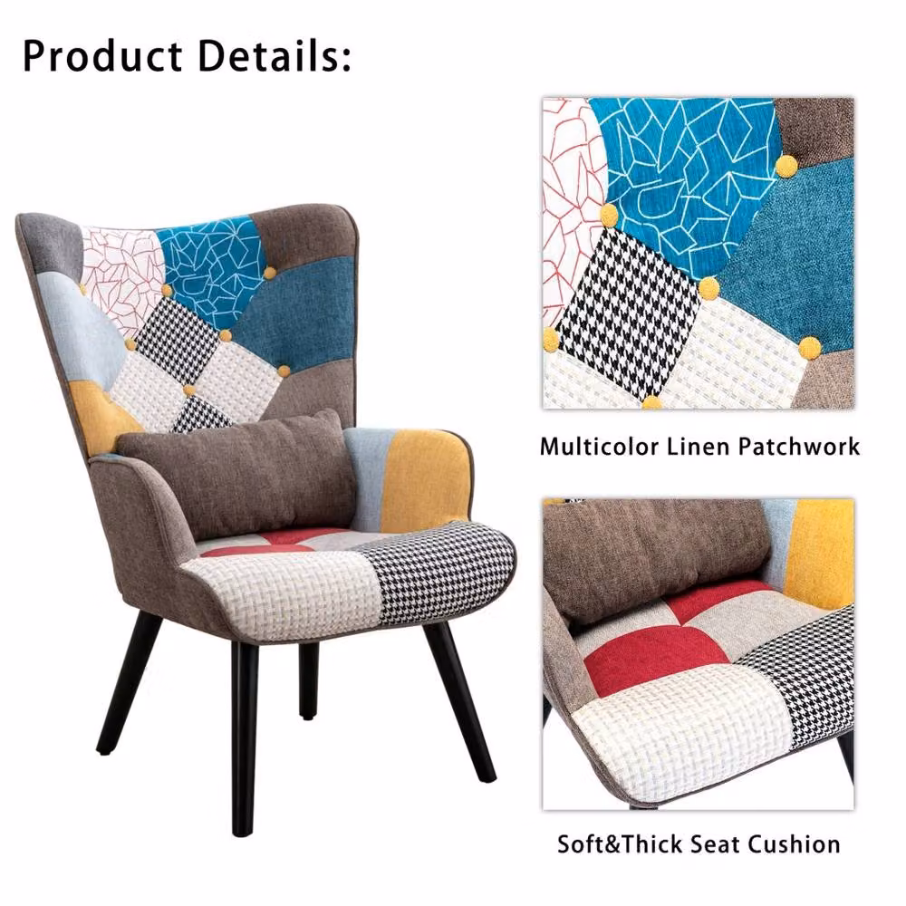 HomeMiYN Mid-Century Brown Patchwork Fabric Single-Seater Tub Sofa with Ottoman and Armrests – 3