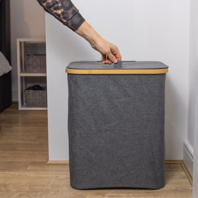 JVL Bambanio Foldable Bamboo Laundry Storage Hamper with Handles, Grey