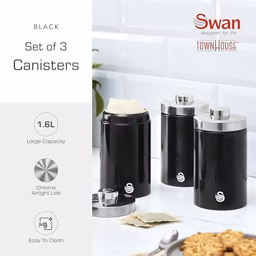 Swan Townhouse Set of 3 Airtight Stainless Steel Storage Canisters in Black – 2