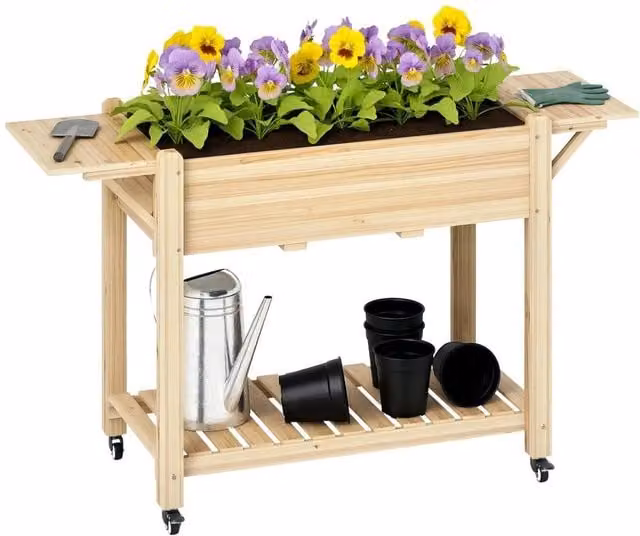 Kelvenix Brown Wooden Raised Garden Planter with Lockable Wheels, W/D/H: 145 x 86 x 52 cm