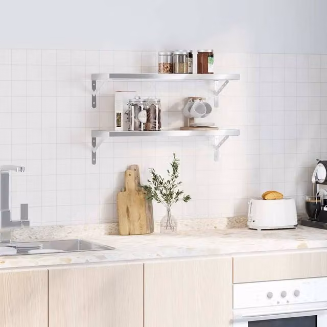 Berkfield Home Silver Stainless Steel Wall Mounted Shelves, 2 Pack, W: 75 cm, D: 23.5 cm, H: 3 cm