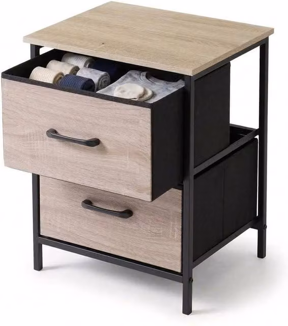 KORVIXA Bedside Table with 2 Drawers, Brown Fabric Storage Dresser – 1