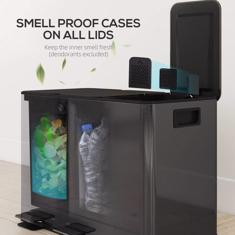 STILVORA 45L Triple Pedal Bin with Soft-Close Lid and Odour Filter in Black Stainless Steel – 5