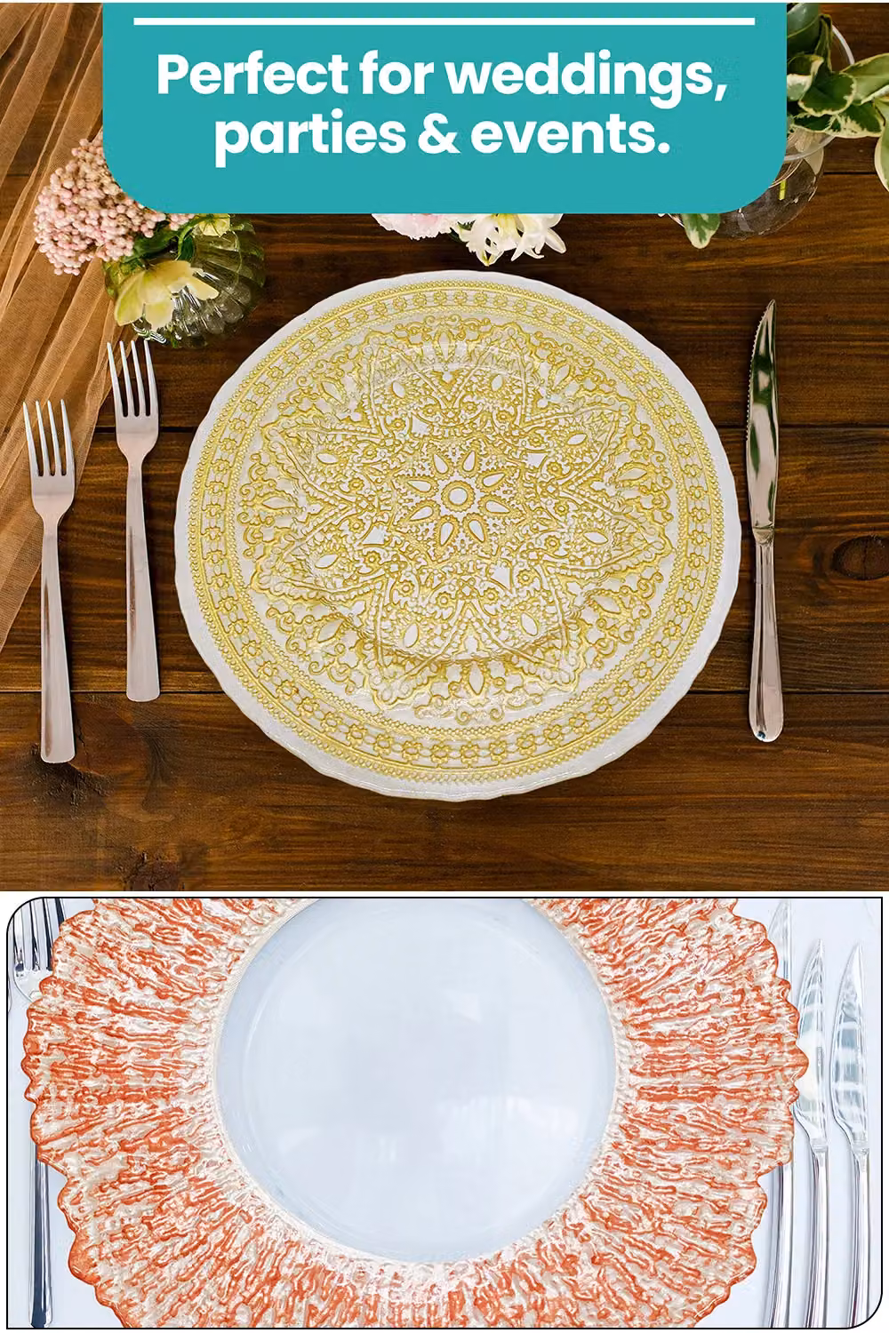 Neel Blue Mandala Flower Design Glass Charger Plates in Blue and Metallic Gold, Diameter: 33 cm – 3
