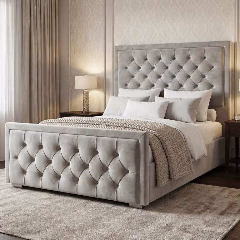 DHS Cross Puffed Velvet Ottoman Storage Bed in Grey, Double (140 x 200 cm)