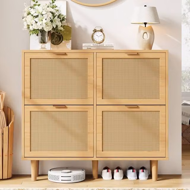 ModernLuxe Rattan Shoe Cabinet in Light Oak with Adjustable Shelves and Tilting Compartments