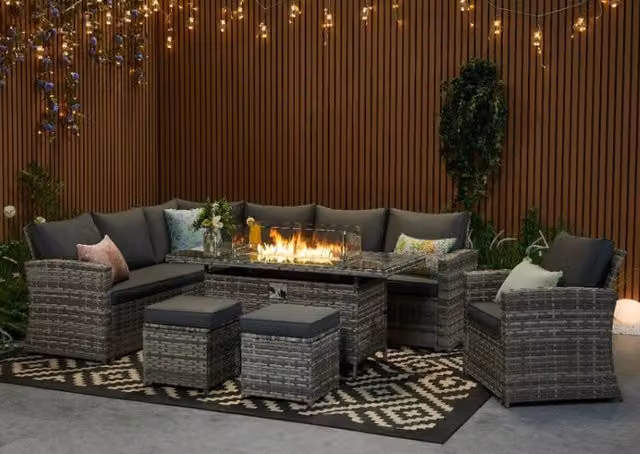 Furniture Maxi Rosen 9 Seater Grey Polyrattan Garden Corner Sofa and Fire Pit Set with Upholstered Cushions