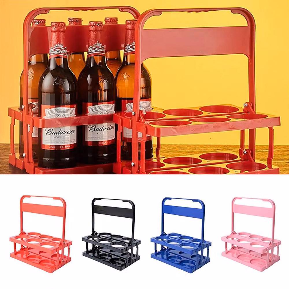 YnysTec Foldable Plastic Drink Bottle Carrier Crate with 6 Holes, Pink, Medium – 2
